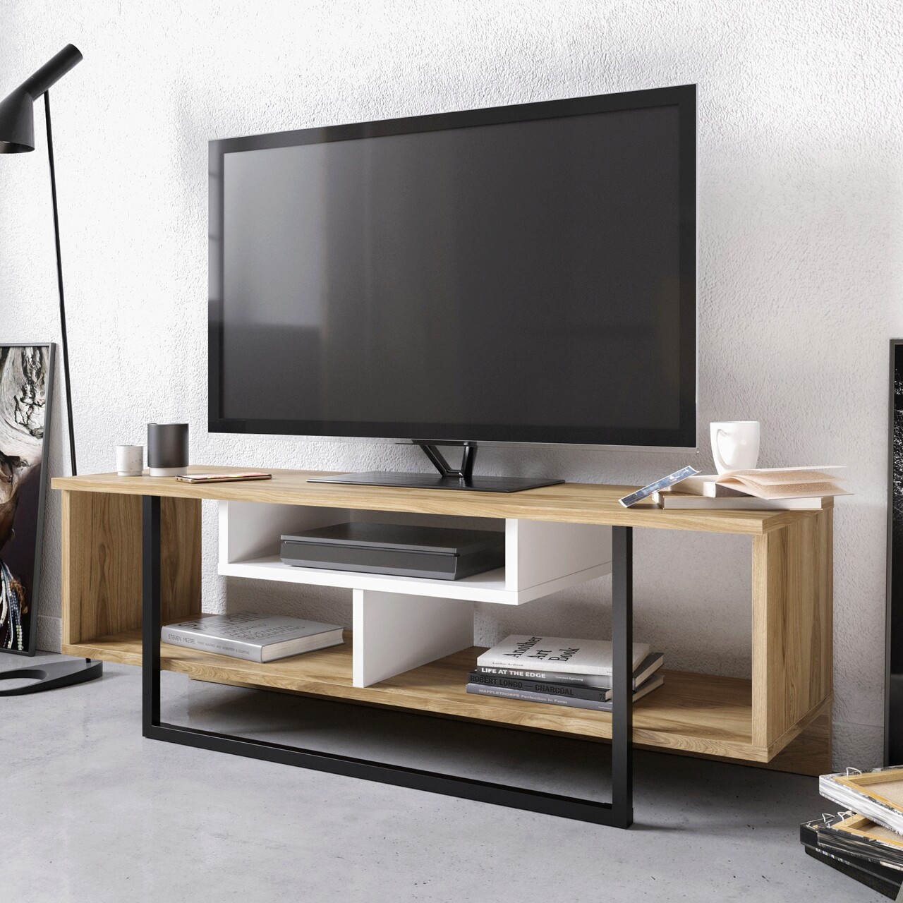 Comoda TV, Hanah Home, Asal (120), Alb / Negru / Stejar - imagine 5